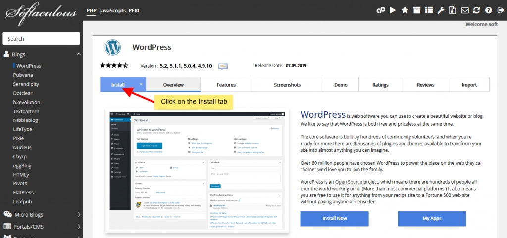Install wordpress 5. 1. X for php less than 5. 6. 20