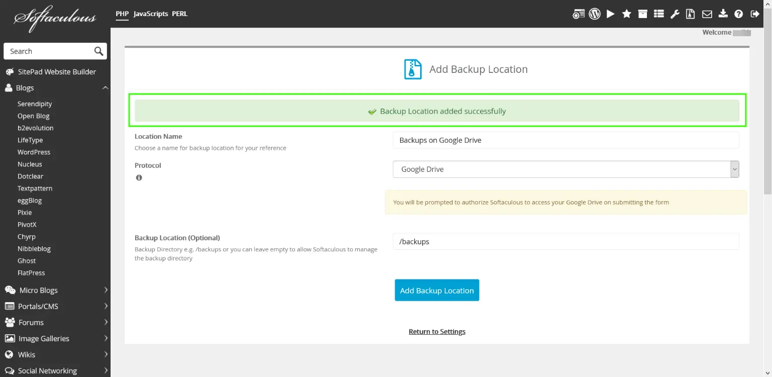Backup Location Added Successfully Backup location added successfully