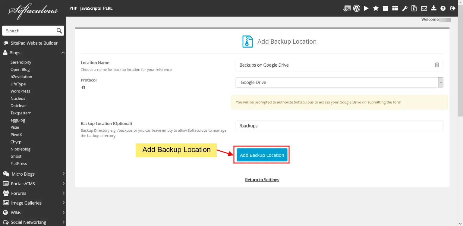 Add Backup Location Add backup location