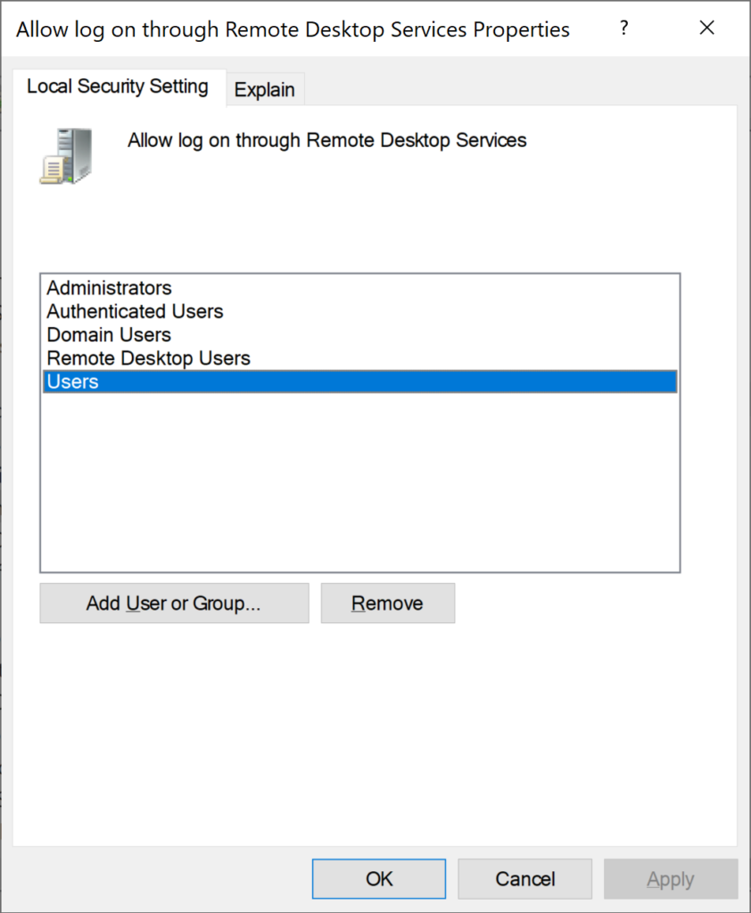 Allow log on through remote desktop services properties
