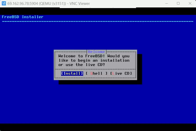 Choose &Quot;Install&Quot; From The Freebsd Installer Popup Menu Freebsd installer: welcome to freebsd! Would you like to begin an installation or use the live cd?