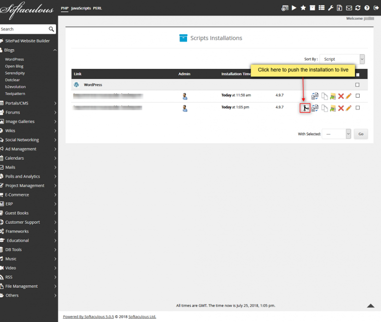 Choose the installation for which you want to create a staging copy