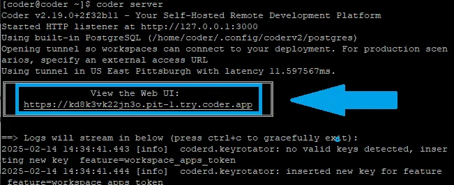 Install Coder On Almalinux Vps And Connect Workspace To Vs Code (5 Minute Quick-Start Guide) Image 1 Coder web ui url