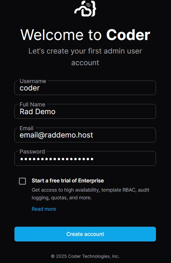 Install Coder On Almalinux Vps And Connect Workspace To Vs Code (5 Minute Quick-Start Guide) Image 2 Welcome to coder - create admin user from web ui