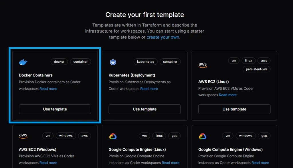 Install Coder On Almalinux Vps And Connect Workspace To Vs Code (5 Minute Quick-Start Guide) Image 3 Create your first template - docker containers