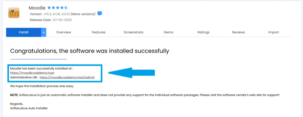 Easily Install Moodle With Softaculous (In Under 5 Minutes) Image 1 Get moodle urls from confirmation notice