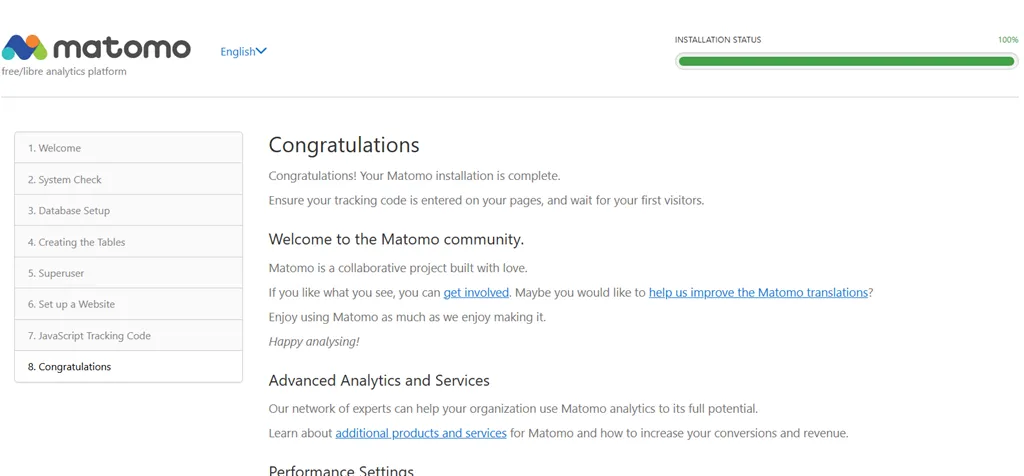 Matomo Install Complete Matomo install complete