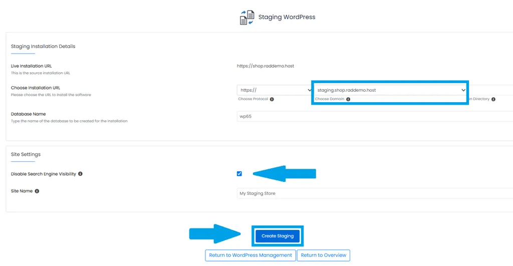 Configure Staging Site Configure staging site