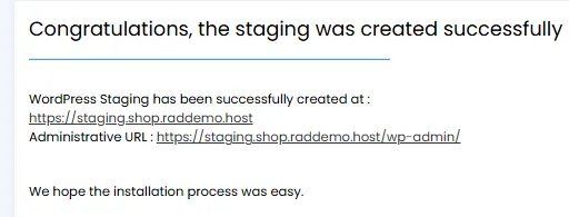 Staging Site Created Successfully Staging site created successfully