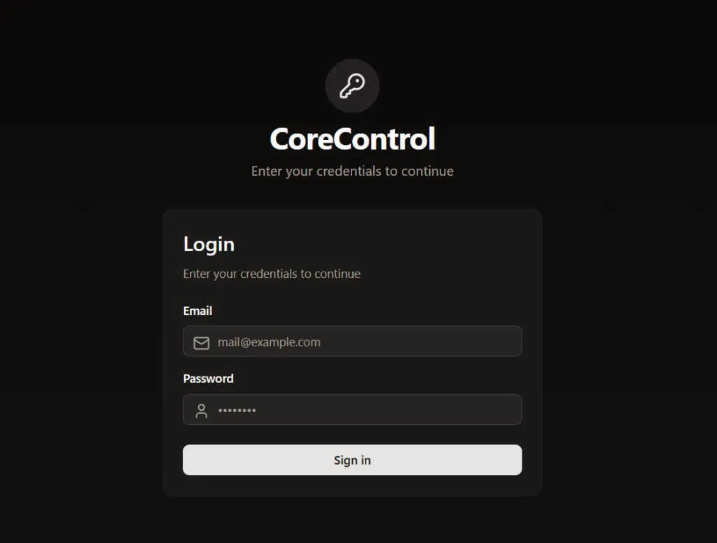 Corecontrol Login Screen Corecontrol login screen