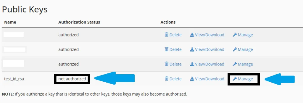 Click &Quot;Manage&Quot; Authorize Public Key For Ssh Access In Cpanel Click "manage" authorize public key for ssh access in cpanel