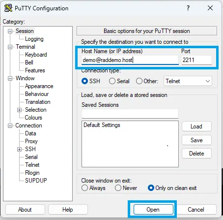 Enter Ssh Details In Putty, Then Click &Quot;Open&Quot; To Initiate Connection Enter ssh details in putty, then click "open" to initiate connection