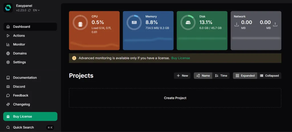 Easypanel Dashboard Easypanel dashboard
