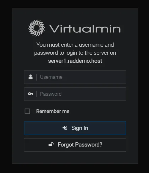 Virtualmin login screen