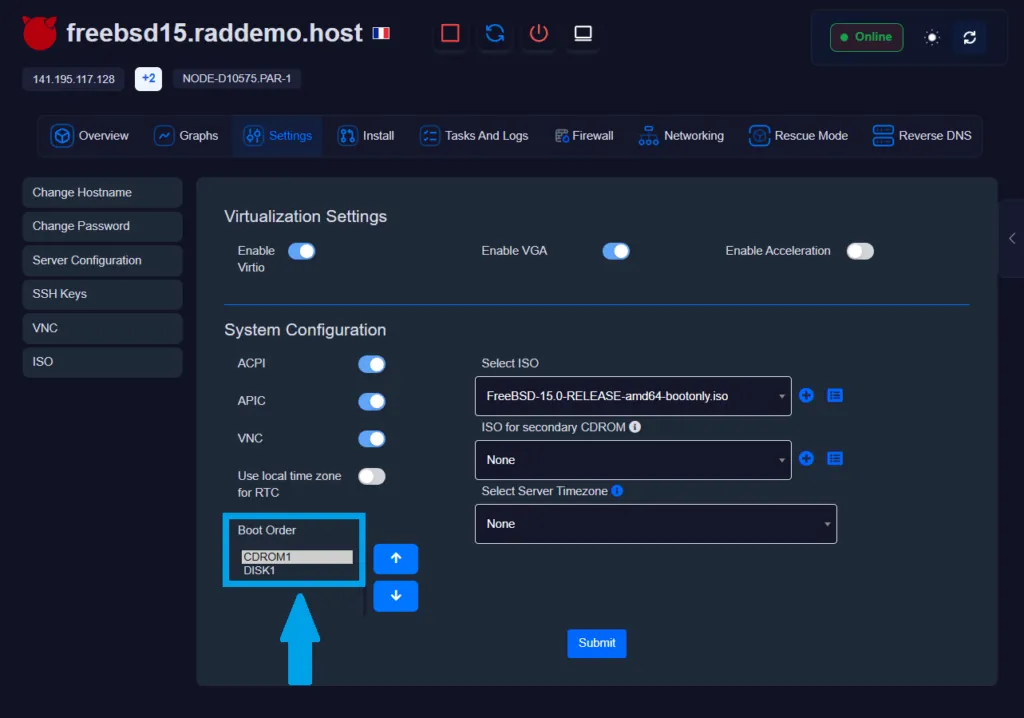 Change Boot Order Of Vps Configure boot order - launch a freebsd 15 vps