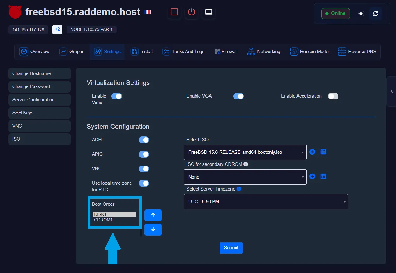 Reset Boot Order Reset boot order from cloud panel